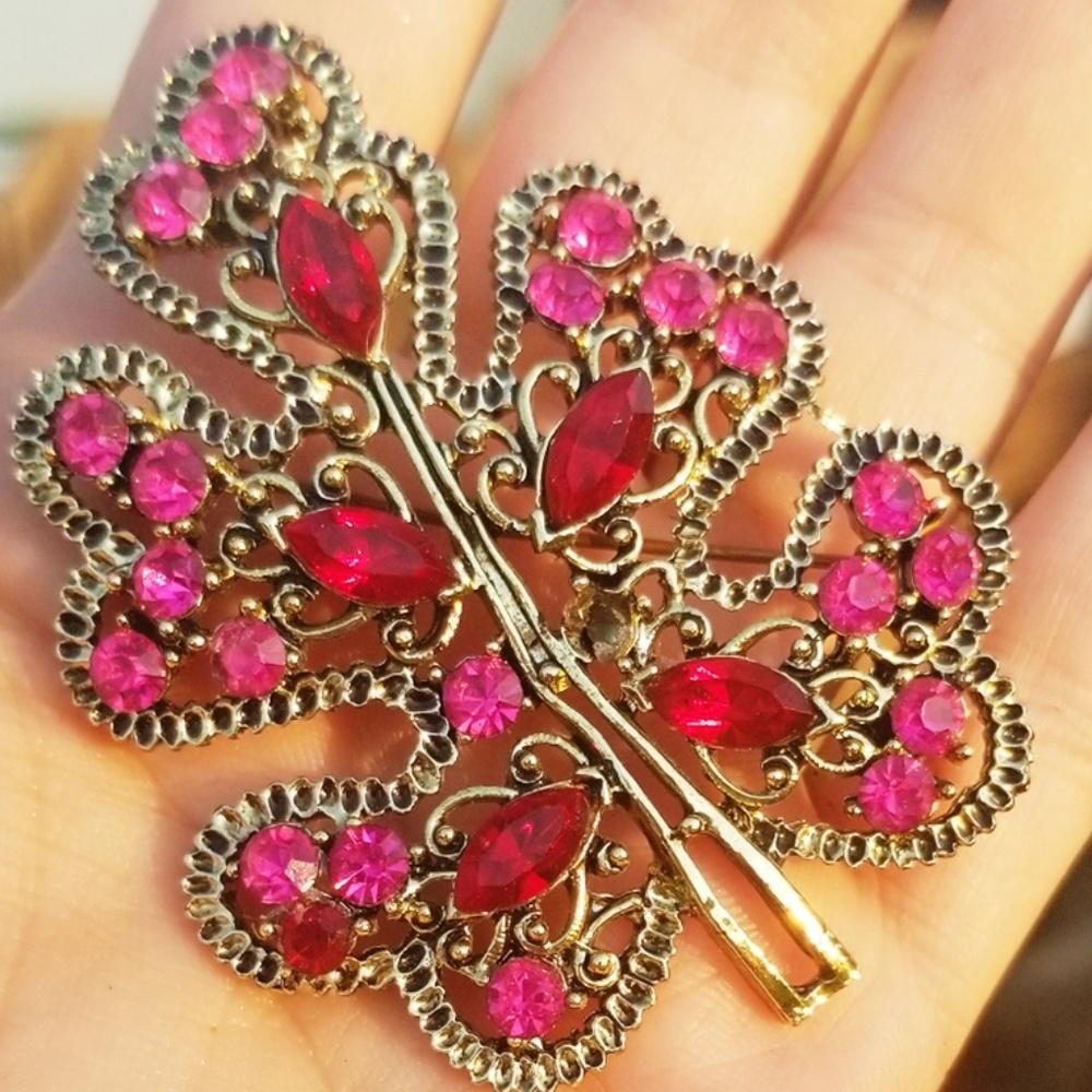 Vintage Pink & Red Rhinstone Large Leaf Brooch